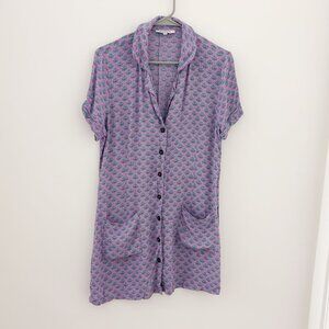 Olivaceous Purple Lotus Floral Print Button Up Collared Mini Dress Medium